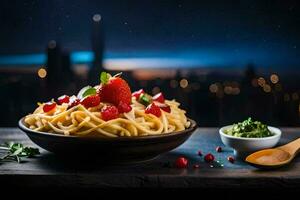 pasta with strawberries and basil on a wooden table in the city. AI-Generated photo