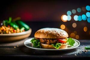 a hamburger with vegetables and a salad on a plate. AI-Generated photo