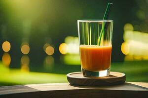 un vaso de naranja jugo en un de madera mesa. generado por ai foto