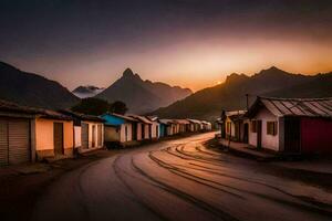 a village street at sunset with mountains in the background. AI-Generated photo