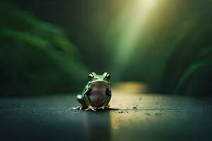 a frog sitting on the ground in the dark. AI-Generated photo