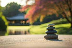 a stack of stones sitting on the ground in front of a pond. AI-Generated photo