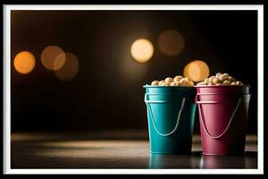 two colorful buckets with popcorn on a table. AI-Generated photo