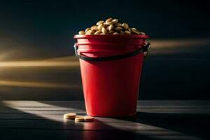 a red bucket filled with pills on a table. AI-Generated photo