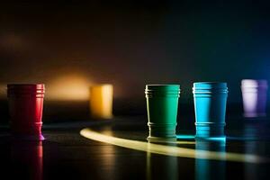 colorful cups on a table with a light shining on them. AI-Generated photo