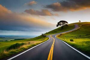 a long road with a tree on the side. AI-Generated photo