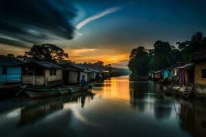 a boat is docked in front of a house at sunset. AI-Generated photo