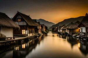 un río carreras mediante un pueblo a puesta de sol. generado por ai foto