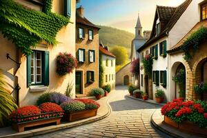 a street with flowers and plants in pots. AI-Generated photo
