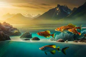 fish swimming in the ocean with mountains in the background. AI-Generated photo