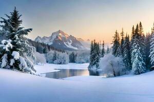 un Nevado paisaje con arboles y un montaña lago. generado por ai foto