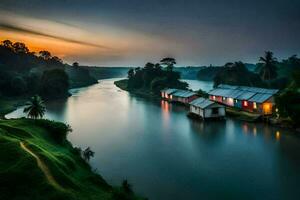 a river in the middle of a village at sunset. AI-Generated photo
