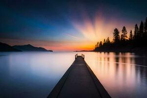 un muelle en el medio de un lago a puesta de sol. generado por ai foto