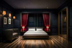 un dormitorio con oscuro madera pisos y un cama. generado por ai foto