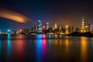 the city skyline at night with lights reflecting in the water. AI-Generated photo