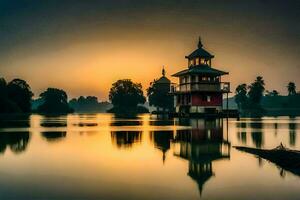 a pagoda sits on the water at sunset. AI-Generated photo