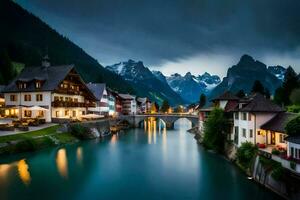 photo wallpaper the sky, mountains, water, houses, river, town, bridge, mountains,. AI-Generated