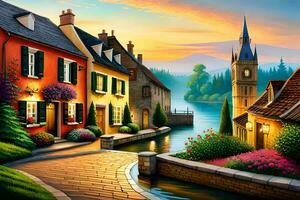 a painting of a village street with houses and a clock tower. AI-Generated photo