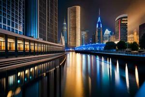 un ciudad a noche con un río y edificios generado por ai foto
