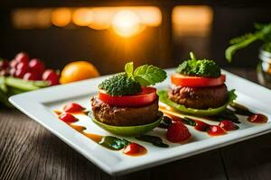 two meatballs on a plate with vegetables. AI-Generated photo