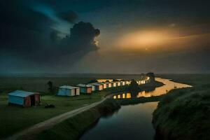 un río y un pocos carpas en el medio de un campo. generado por ai foto