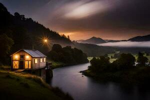 a small house sits on the side of a river at night. AI-Generated photo