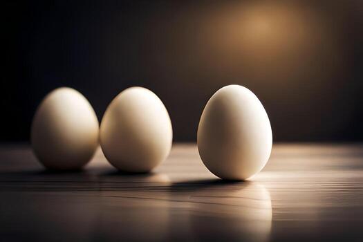 three eggs are standing in a row on a table. AI-Generated photo