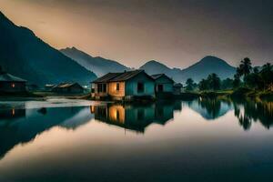 un casa se sienta en el borde de un lago a puesta de sol. generado por ai foto