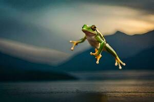 a frog jumping out of the water. AI-Generated photo