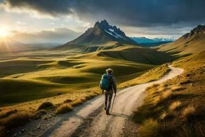 un hombre camina en un suciedad la carretera en el montañas. generado por ai foto