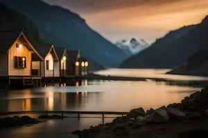 a row of cabins on the shore of a lake. AI-Generated photo