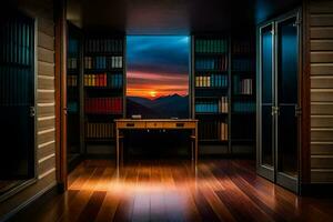 a room with a desk and bookshelves. AI-Generated photo