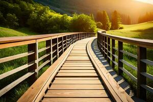 wooden bridge over a green field with the sun shining. AI-Generated photo