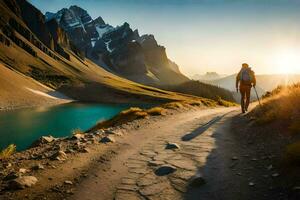 a man walks along a path in the mountains. AI-Generated photo
