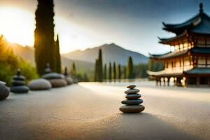 a stone pile in front of a pagoda. AI-Generated photo