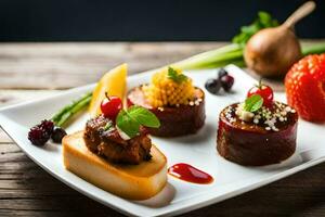 un plato con comida en eso y vegetales. generado por ai foto