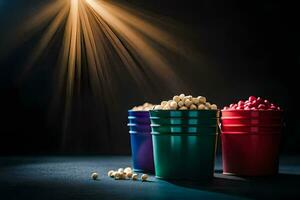 Tres cubos de palomitas de maiz en un oscuro mesa. generado por ai foto