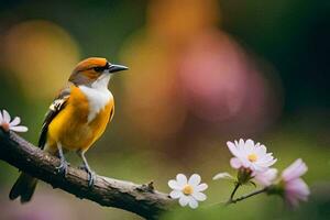 a small bird is sitting on a branch with flowers. AI-Generated photo