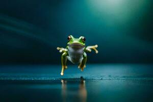 a frog jumping on the floor. AI-Generated photo