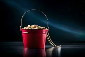 a red bucket filled with peanuts on a dark background. AI-Generated photo