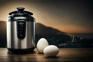 an electric pressure cooker with two eggs on a table. AI-Generated photo