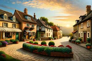 a painting of a street in a village at sunset. AI-Generated photo