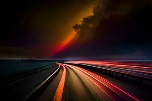 un largo exposición fotografía de un autopista a noche. generado por ai foto