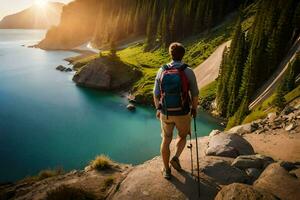 a man with a backpack and hiking poles stands on a cliff overlooking a lake. AI-Generated photo