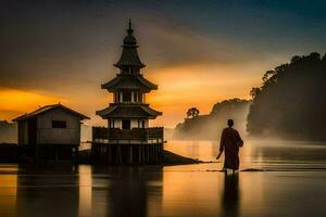 un hombre soportes en el agua cerca un pagoda. generado por ai foto
