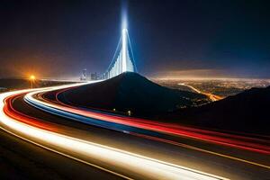 a long exposure photograph of a city at night with a tall tower in the background. AI-Generated photo