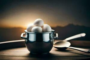eggs in a metal pot on a table. AI-Generated photo