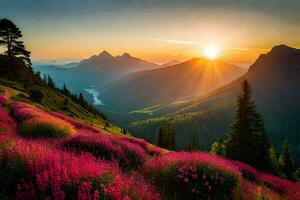 the sun rises over the mountains and flowers in the foreground. AI-Generated photo