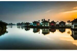 un hermosa puesta de sol terminado un lago con casas en el antecedentes. generado por ai foto