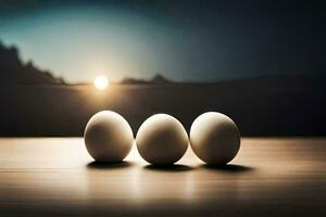 three eggs are sitting on a table in front of a sunset. AI-Generated photo